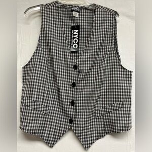 Vintage NYCC Plaid Button Up Vest 20W Black White Gingham Dark Academia, preppy